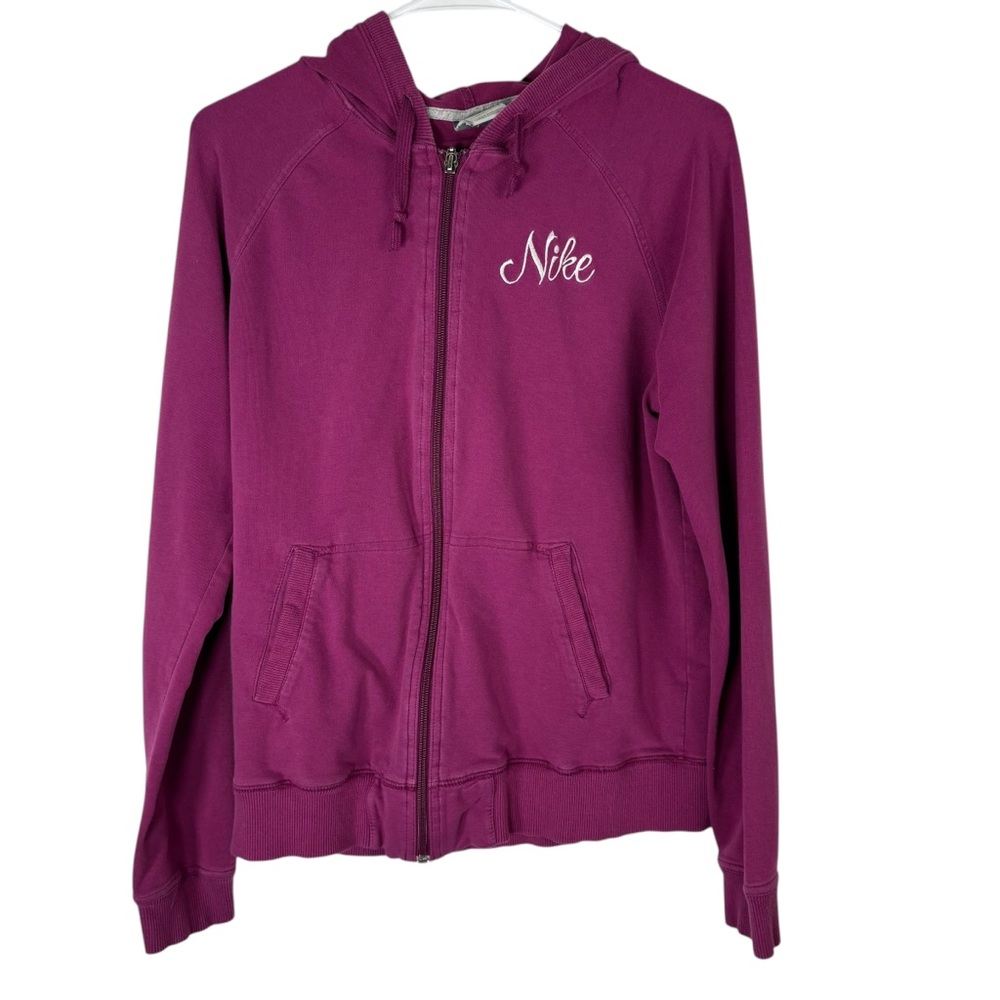 Nike Women’s Large Full Zip Up Hoodie Hooded Sweater Jacket Pink Purple Cursive